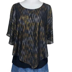 I.N. Studio Poncho Blouse Women S Black Gold Silver Metallic Foil‎ Layered Top